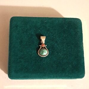 925 Signed Natural Coral and Turquoise  Native American Pendant